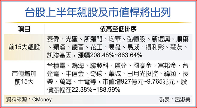 台股上半年飙股及市值悍将出列