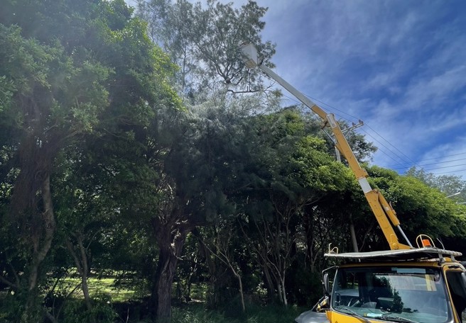 一名男子今上午到新竹南寮渔港用餐，吃到一半停电。（图／台电提供）