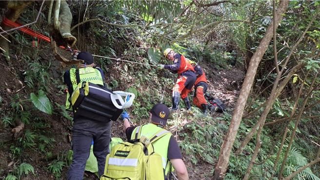 消防人員架設繩索，並利用SKED捲式擔架將腰部疼痛、肢體擦挫傷的許婦帶到登山口。（消防局提供）