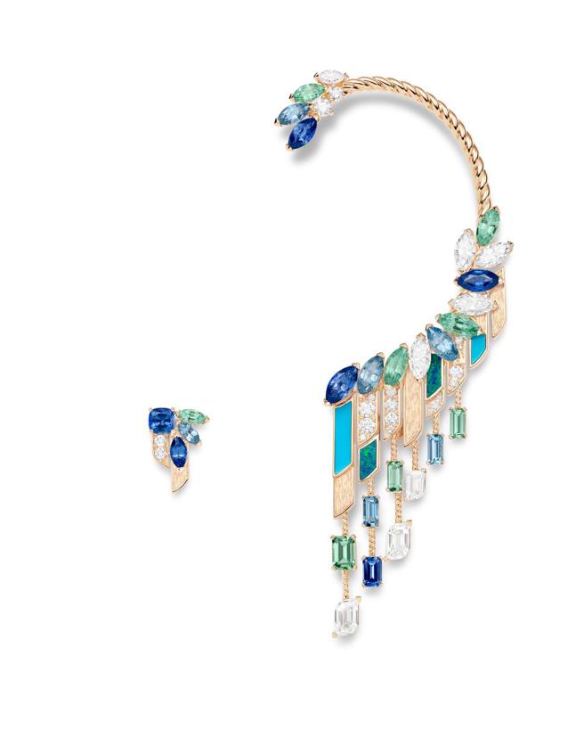 伯爵Essence of Extraleganza系列玫瑰金藍寶石及彩色寶石耳環，500萬元。（PIAGET提供）