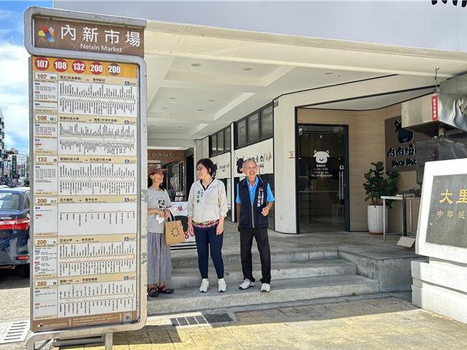 台中市大里区内新人行广场入口处「内新市场」的公车站点候车民眾多，但炎热酷暑无处遮荫，仅能躲在骑楼侧边阴影处，经市议员张芬郁邀集相关单位会勘，交通局允诺规画建置候车亭。（市议员张芬郁提供／潘虹恩台中传真）