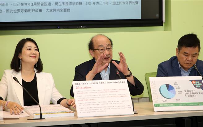 民進黨立院黨團幹事長吳思瑤（左起）、總召柯建銘、書記長莊瑞雄1日召開「修選罷法 短空長空 國民黨 恐滅頂」記者會。（劉宗龍攝）