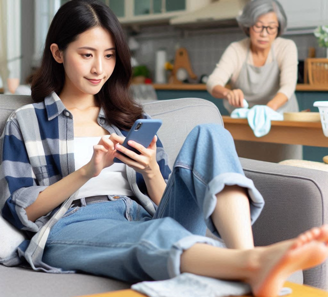 一位婆婆發文控訴自家媳婦在客廳翹著腳滑手機，行為極不檢點。（示意圖、與本案無關／AI生成）