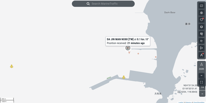 在2日晚間11時許，在marine traffic網站中可以看到，大進滿88號目前在福建的圍頭港外，大約1海浬處，準備進港。（取自search marine traffic網站）