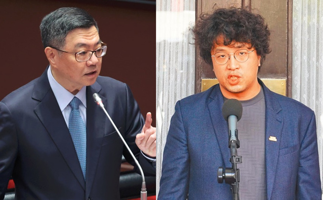 卓荣泰(左)称户政勾稽解决少子化，被批评跟沈伯洋(右)的A片判知政治倾向概念相似。（合成图／姚志平摄、资料照）