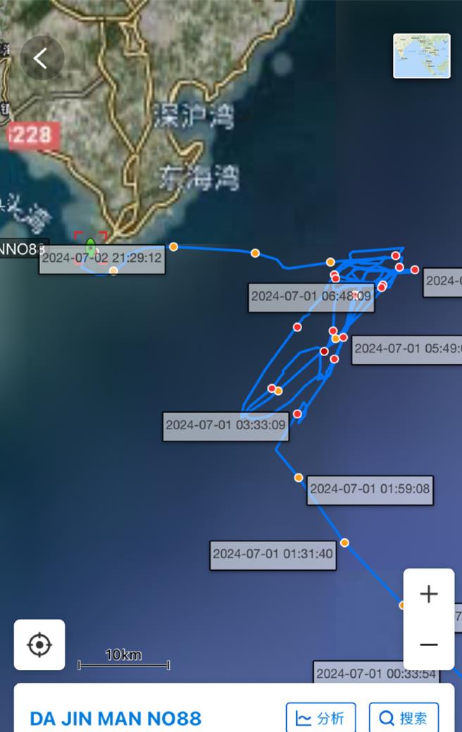 大陆网友公布澎湖渔船大进满88号的航迹图。（取自新浪微博）