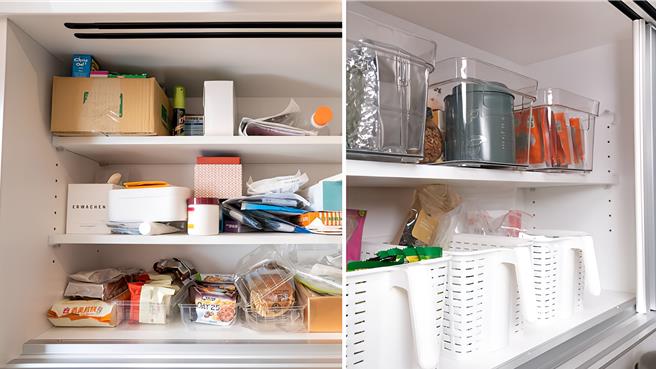 使用收納品，讓分類更明確、易歸位、控制數量，合適的尺寸提升櫃體的收納量。（圖／生活與空間規劃師阿好）