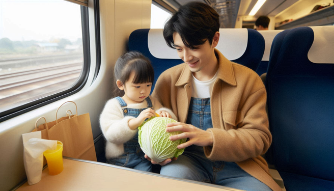 一名年轻爸爸带女儿坐列车，用一颗高丽菜，解决小孩好动的状况。（示意图、与本案无关／AI生成）