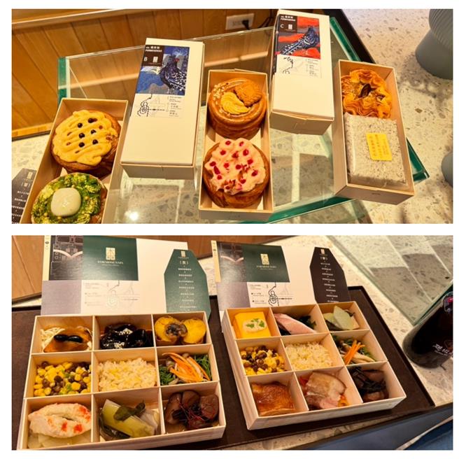 「多林站」享用由阿里山英迪格酒店为福森号客制九宫格木质便当。（洪秀瑛摄）