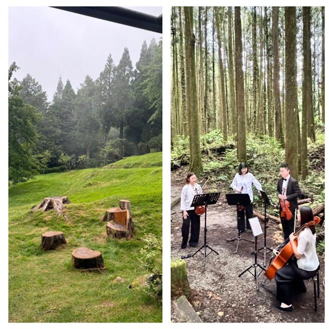 「好森音」主题选在二万坪举办小型森林音乐演奏会（右图），徜徉在森林中是种放松与享受。（洪秀瑛摄）