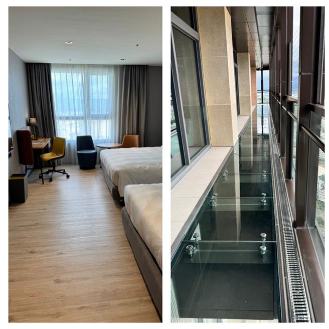 嘉义福容voco酒店的福森号专案安排入住能远眺阿里山山脉的高级两大床房型；32楼高空有玻璃步道挑战胆量。（洪秀瑛摄）