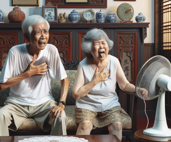 台湾夏天热到爆，但阿公却坚决不开冷气，让阿嬷热到狂洗澡。（示意图／AI生成图）