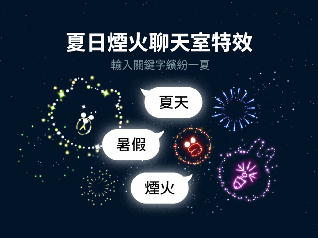LINE推出夏日烟火聊天室特效，限时6天，只要输入关键字即可看到可爱的熊大、兔兔烟火。（图／翻摄自LINE官网）