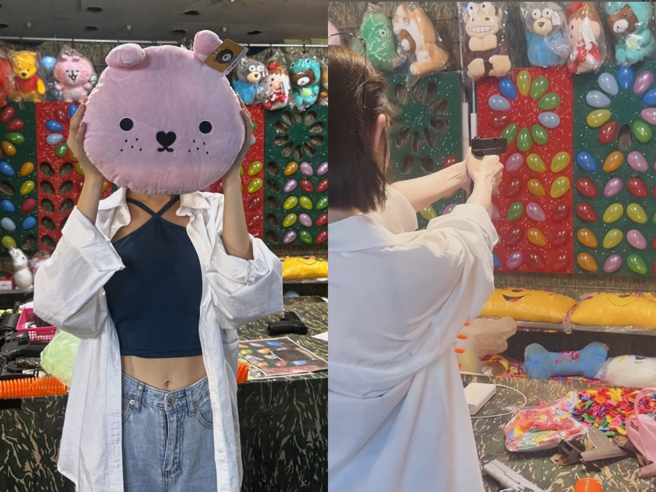 林明禎玩射擊遊戲百發百中，順利贏得娃娃。（圖／翻攝自林明禎IG）