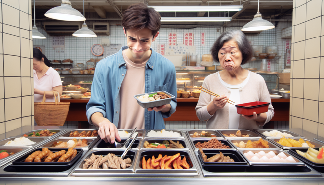 網友分享，近日到便當店選配菜時，不小心把雪裡紅說成雪中紅，讓夾菜阿姨當場嘴角失守。（示意圖／AI生成）