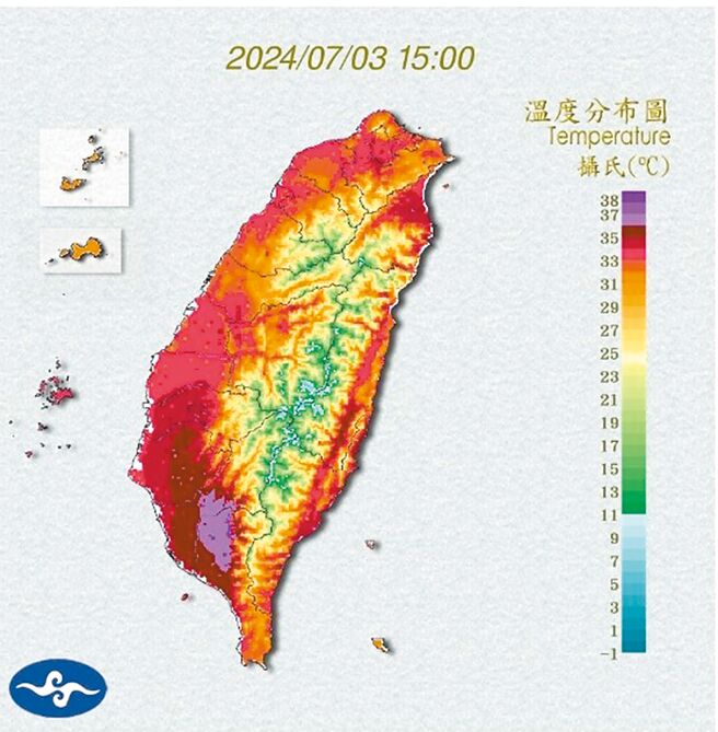 前氣象局長鄭明典2日在臉書貼圖預告3日因東南風環境，南高屏靠山區可能出現高溫。中央氣象署3日發布的溫度分布圖顯示南高屏地區出現高達38度的紫爆高溫。（摘自鄭明典臉書／寶智華台南傳真）
