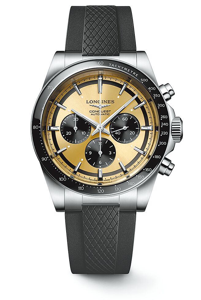 浪琴CONQUEST征服者系列42mm计时码表，橡胶表带款，12万5400元。（Longines提供）