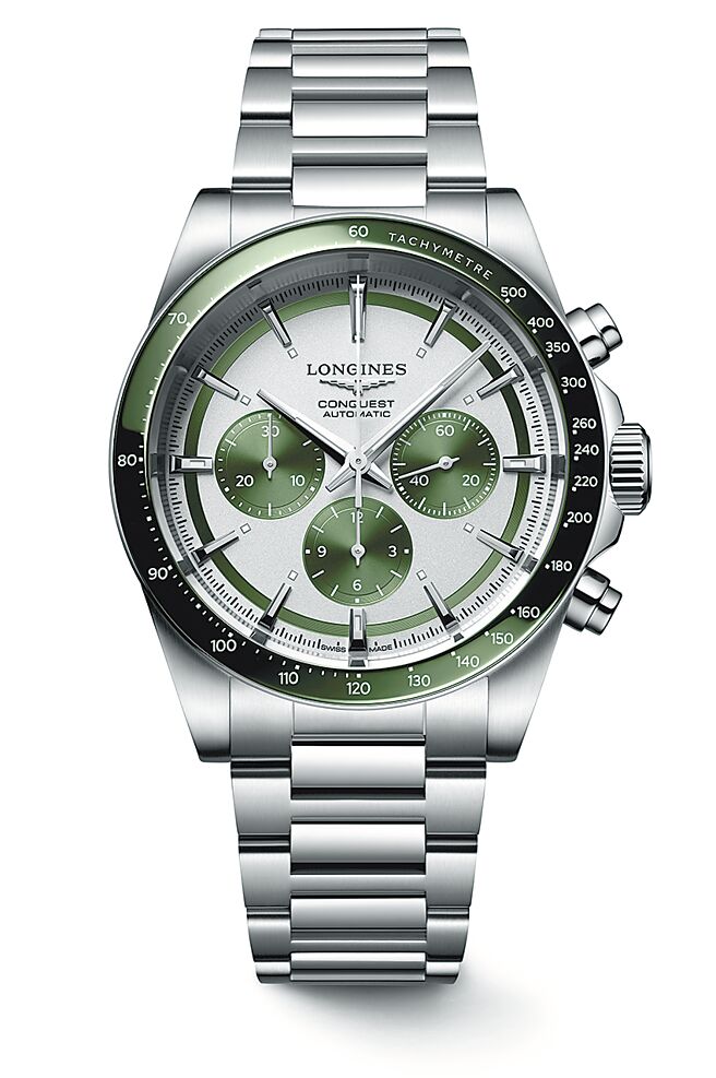 浪琴CONQUEST征服者系列42mm计时码表，精钢表带款，12万9000元。（Longines提供）