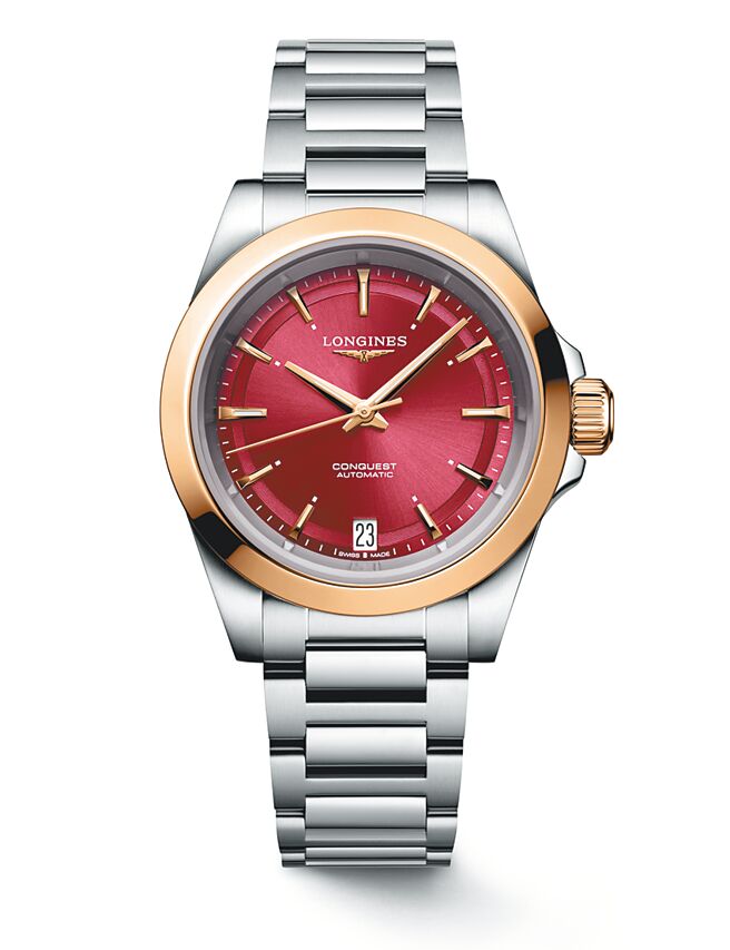 浪琴CONQUEST征服者系列34mm玫瑰金精钢女表，精钢表带款，10万2100元。（Longines提供）