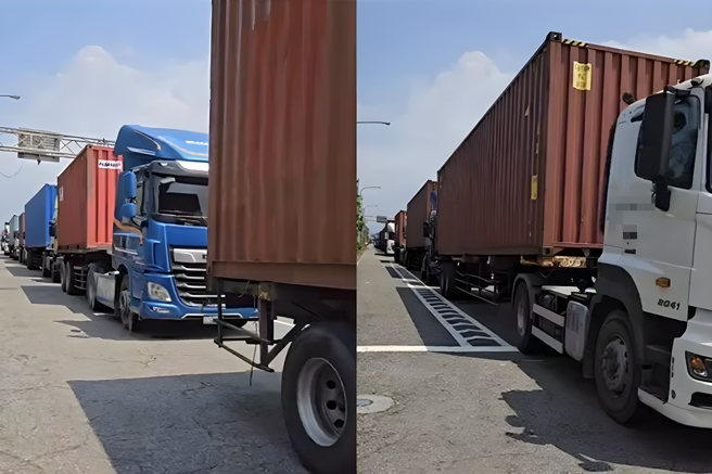 码头外货柜车大排长龙，司机怨一等就是好几个小时。（高雄市直辖市汽车货柜货运公会提供／洪靖宜高雄传真）