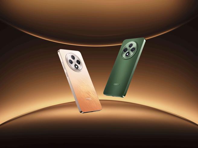 OPPO Reno12 F 推出暖橘与墨绿两种顏色，两款皆为雾面磨砂质地减少指纹沾染。（OPPO提供／古明弘台北传真）