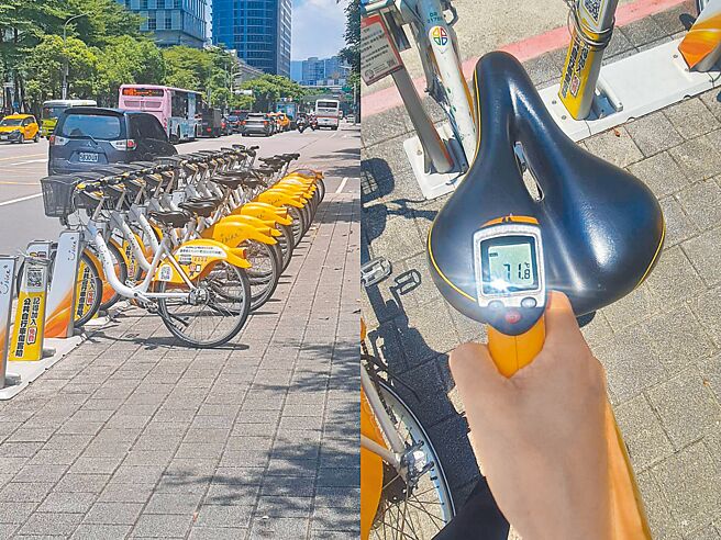 台北市近日来气温不断飙高，台北巿议员汪志冰在烈日下量测YouBike坐垫温度，竟高达71度，坐上去恐怕犹如在铁板上烤肉。（台北市议员汪志冰研究室提供／丁上程台北传真）