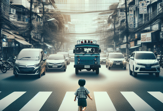 年紀小的孩子單獨過馬路很危險，家長務必要緊緊牽著。（示意圖／AI生成圖）