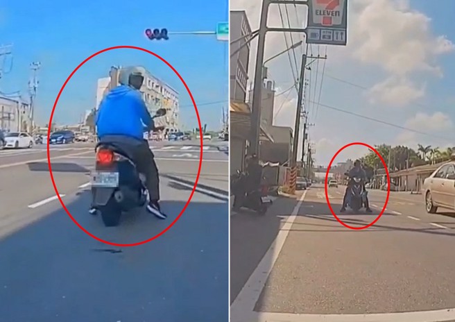 一名騎士為了躲太陽，直接停在馬路中央陰影下方，行為相當跨張。（翻攝爆料公社）