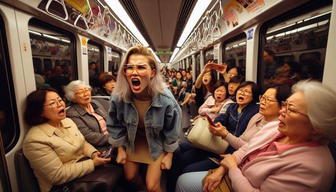 捷運上面一名金髮女子，疑似被大媽撞到，雙方在捷運上起爭執。（示意圖、與本案無關／AI生成）