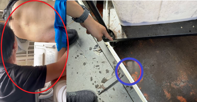 男子腳踝卡貨梯吊5樓高，當下命懸一線，勇警即刻救援「接命」（紅圈處）協助脫困。（翻攝畫面）