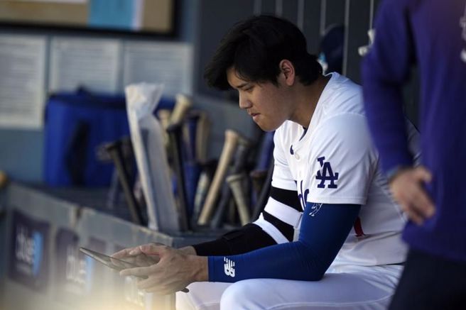 大谷翔平在道奇板凳区看平板。（美联社）