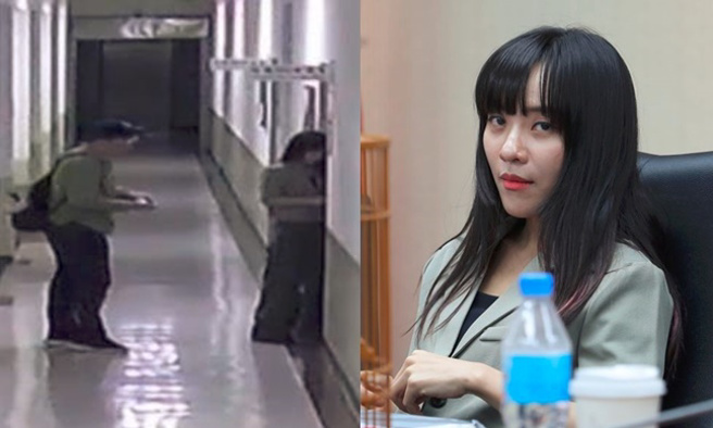 黃捷否認破壞門鎖，但監視器畫面已經曝光其模仿竊賊的開鎖舉動，引發輿論非議。（合成圖／國民黨團提供、黃世麒攝）