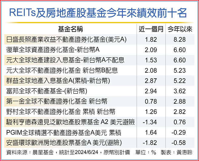REITs及房地產股基金今年來績效前十名