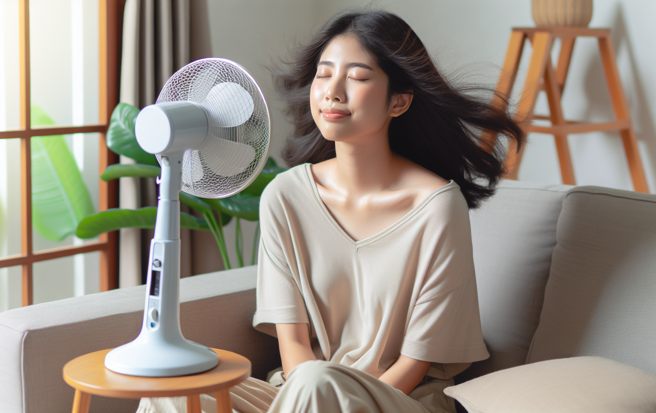 达人分享，在脸盆内装水滴点绿油精和花露水，将毛巾浸泡在里面后拧乾，挂在电风扇上面，吹出来的风就会变很凉。（示意图／AI生成图）