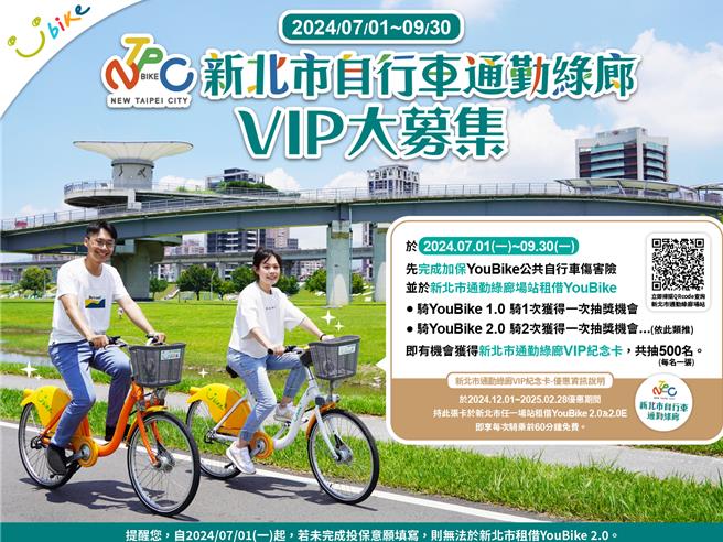 新北市交通局自即日起推出「新北市自行车通勤绿廊VIP大募集」活动，民眾只要投保公共自行车免费伤害险并在新北市通勤绿廊租借YouBike，就可参加抽奖。（新北市交通局提供）