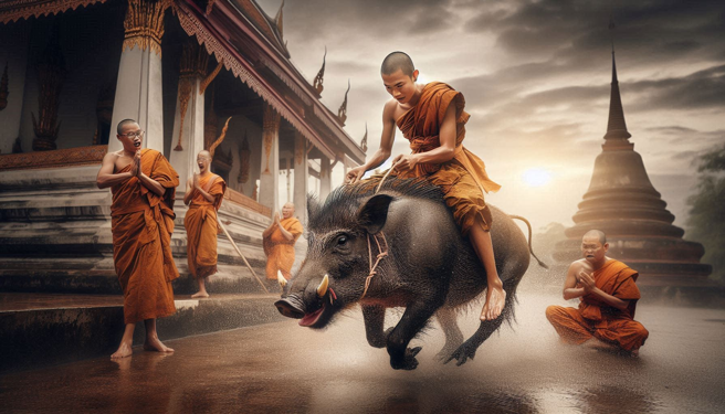泰國最近流傳一段僧侶騎乘野豬的影片，讓民眾觀感不佳。（示意圖、與本案無關／AI生成）
