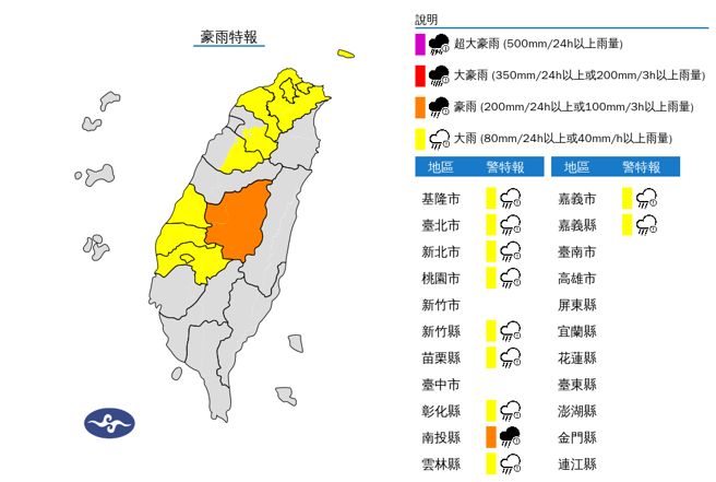 气象署发布11县市豪大雨特报。（气象署）