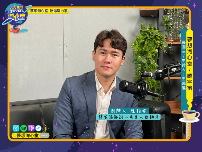 7月10日梦想淘心室【晓宇宙~晓晓问大大】特别邀请到一位连开6家24小时无人拉麵店的创客陈柏翰(David)。(图/梦想淘心室提供)