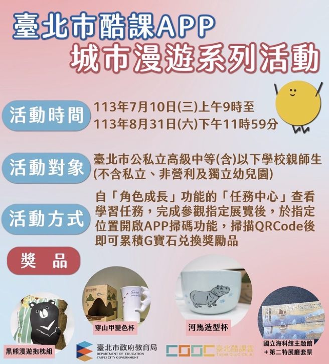 臺北建城140周年！北市酷课APP携手各社教单位推出暑期城市漫游学习任务换好礼活动。(照片/台北市政府教育局提供)