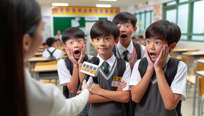 香港媒体访问优秀国小毕业生，后面一起受访的同学表情在网路上爆红。（示意图、与本案无关／AI生成）