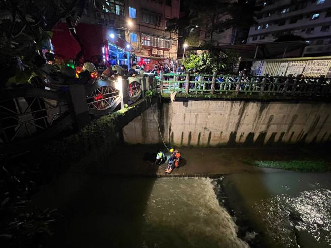 消防队到场利用器材吊挂，将女子救上岸后送医。（翻摄画面）