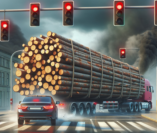 女骑士停红灯时，被一旁崩落的「巨木阵」砸飞。（示意图／AI生成图）