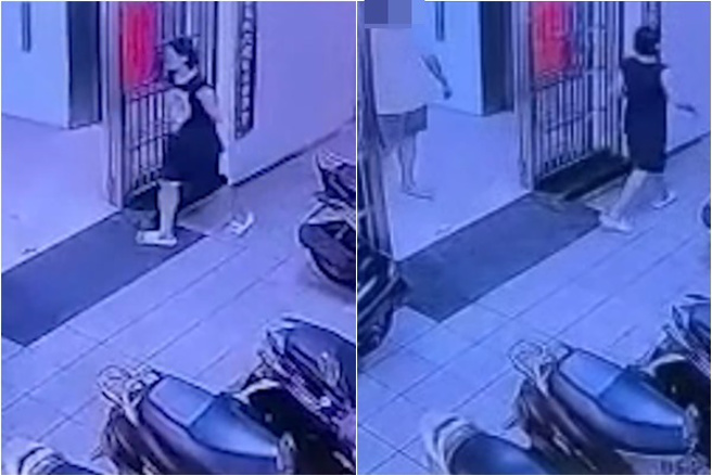 林靖恩走進社區大樓管理室，偷拿民眾的外送餐點。（民眾提供）