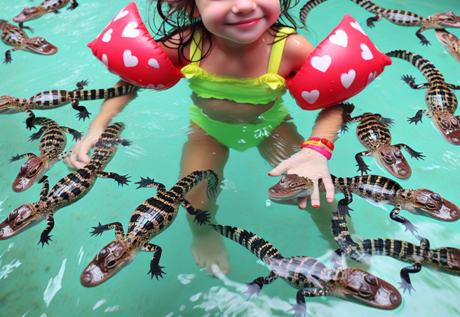 4岁女童和200只鱷鱼泡在水缸内玩耍，画面曝光吓坏网友。（示意图／AI生成图）