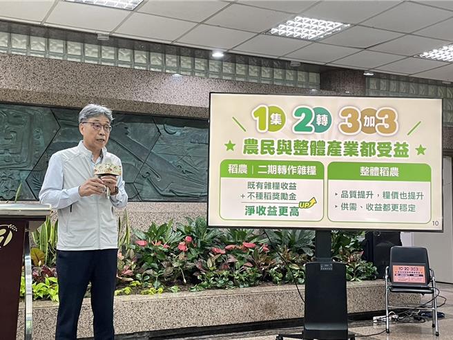 農業部長陳駿季強調，提高公糧價格將帶來許多負面影響，未來將推動「1集、2轉、3加3」，鼓勵農民加入集團產區、轉作雜糧，3年內使乾穀價格每公斤提高3元。（蔡佩珈攝）