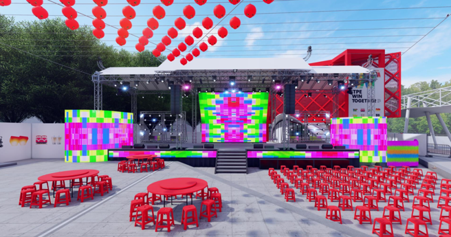 台湾展演场域以庙埕、办桌、电子花车为意象。（文化部提供）