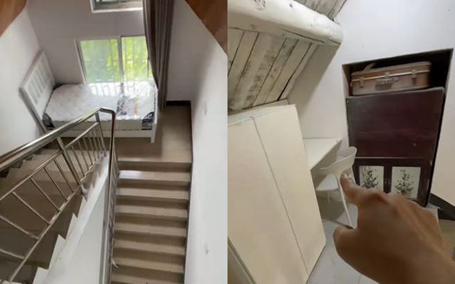女房仲接到房東邀約要拍攝出租的房間，她一看床竟擺在樓梯間，讓她驚訝不已。（圖／翻攝自抖音）