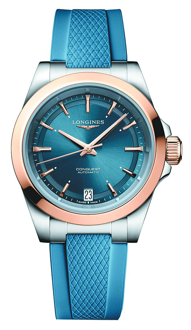 浪琴Conquest征服者系列34mm玫瑰金精钢腕表，9万8500元。（Longines提供）