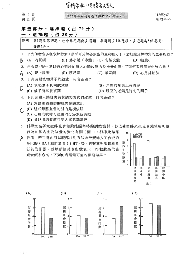 113學年度分科測驗 生物科試題解答。(資料提供／得勝者文教)
