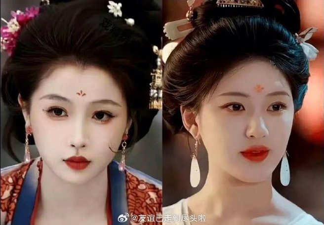 从网友晒出的对比照中，可见虞书欣（左）与赵露思的髮型及花瓣妆相似